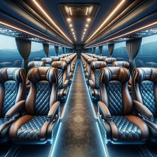 DALL·E 2024-02-01 21.05.56 - Create an image of the interior of a luxurious coach bus, with rows of plush leather seats with intricate stitching details. The seats are arranged in